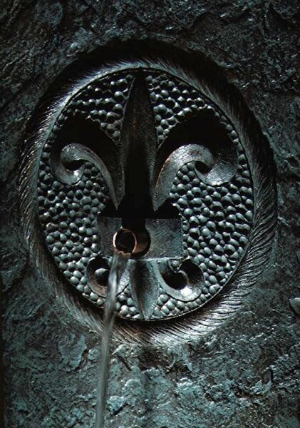 Close Up Shop our cement Fleur De Lys Single Spout Fountain Lighted wall